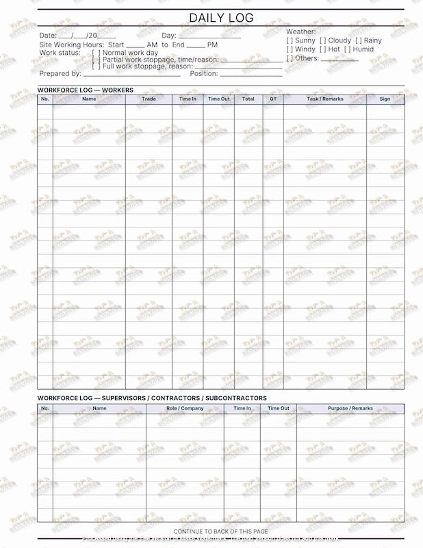 Construction Daily Log Book | Site Documentation Logbook for Contractors